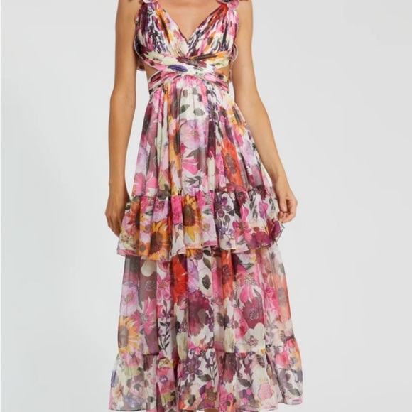 NWT | Mac Duggal 56048 White Multi Ruffle Tiered Floral Chiffon Dress Size 4 - Picture 7 of 16